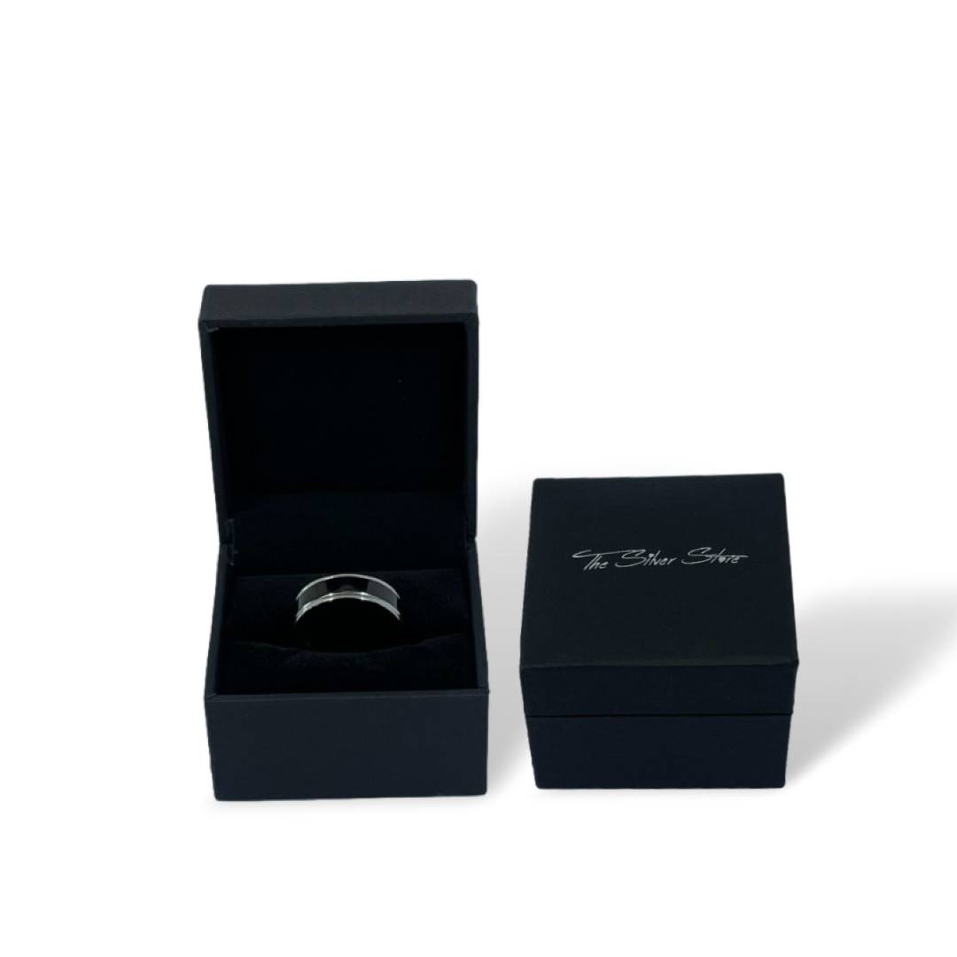 mens black and silver ring with ring box