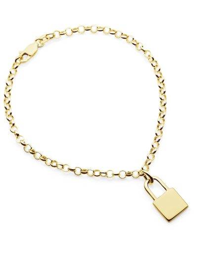 gold belcher bracelet with lock pendant