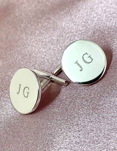 round t-back cufflinks engraved with initials