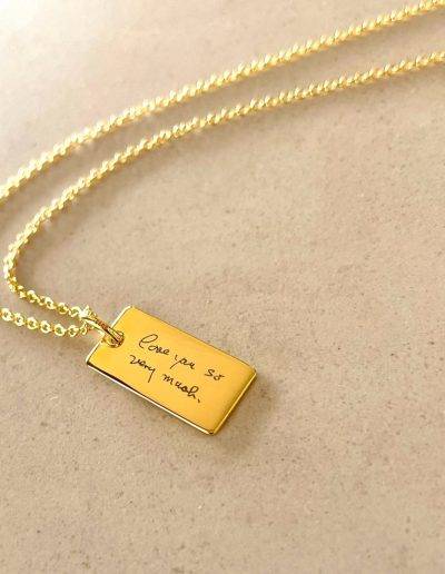 handwriting engraved on gold bar necklace