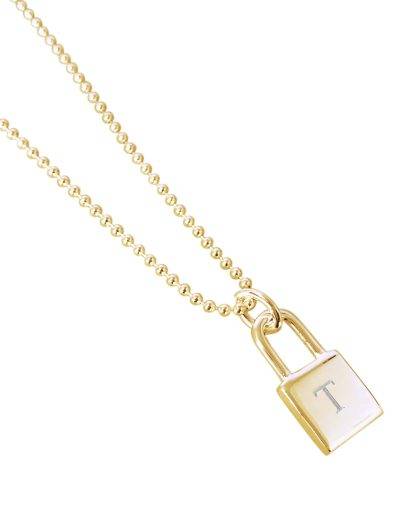 gold ball chain and lock pendant engraved with a T