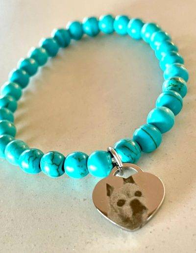 stretch turquoise bracelet with dog photo engraved