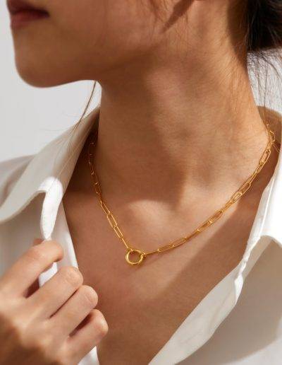 gold paper clip chain necklace with pearl charm and 13mm disc pendant you can engrave