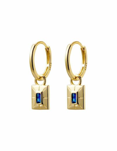 Sterling silver gold plated huggie earrings with pattern drop charm and new blue CZ