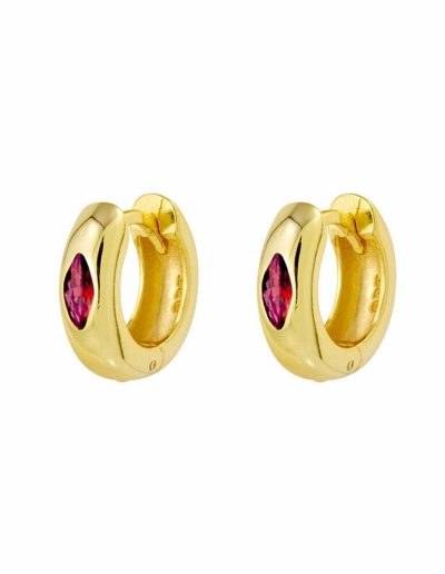 Sterling silver gold plated rounded wide mini hoop earrings with ruby pink CZ