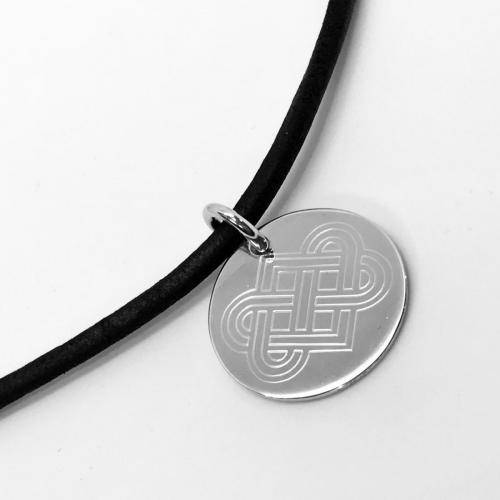 silver disc necklace with leather chain