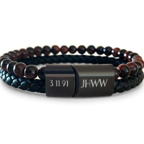 mens leather and bead bracelet engraved with date and initials