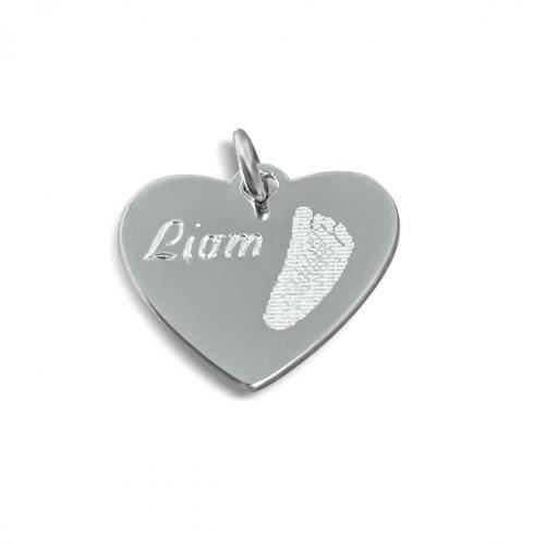 name and foot print engraved on heart pendant