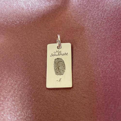 fingerprint and handwriting-engraved on sterling silver bar pendant